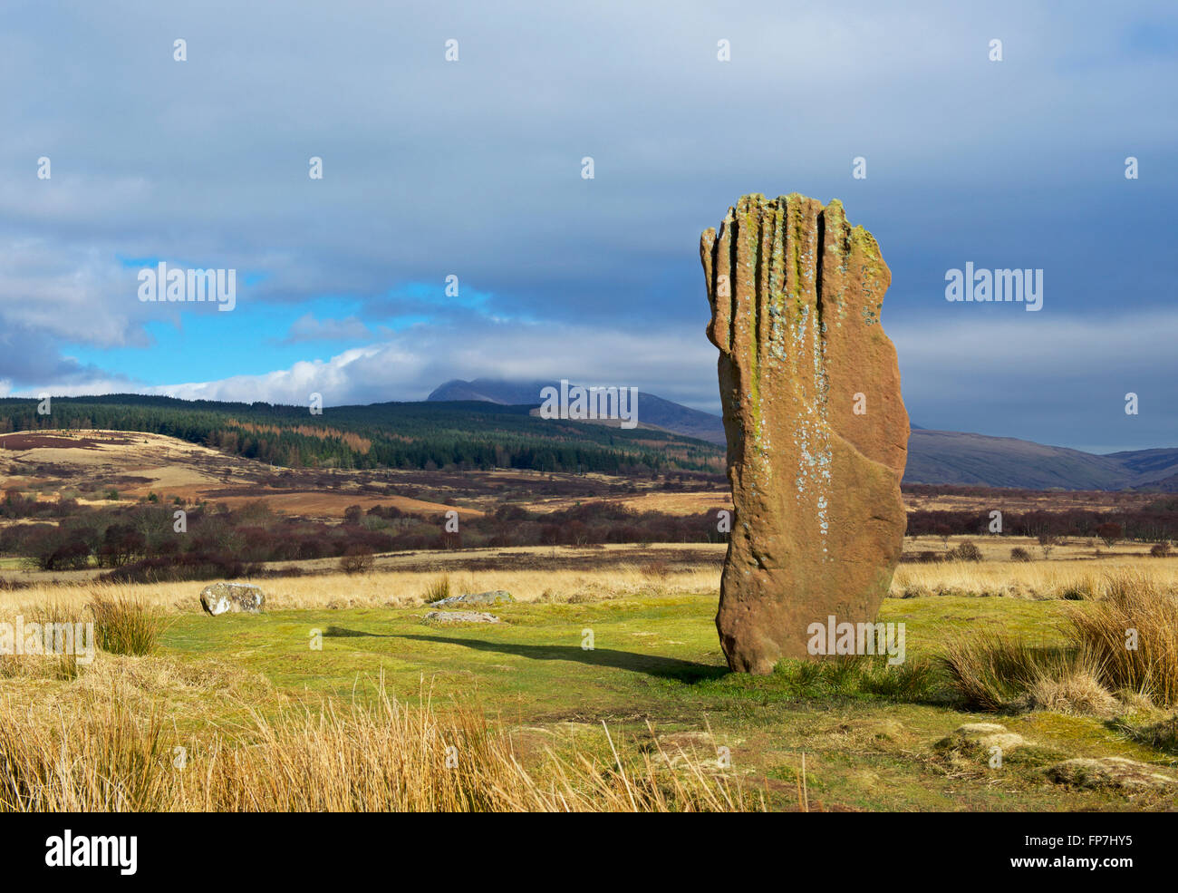 In piedi sulla pietra Machrie Moor, Isle of Arran, North Ayrshire, in Scozia UK Foto Stock