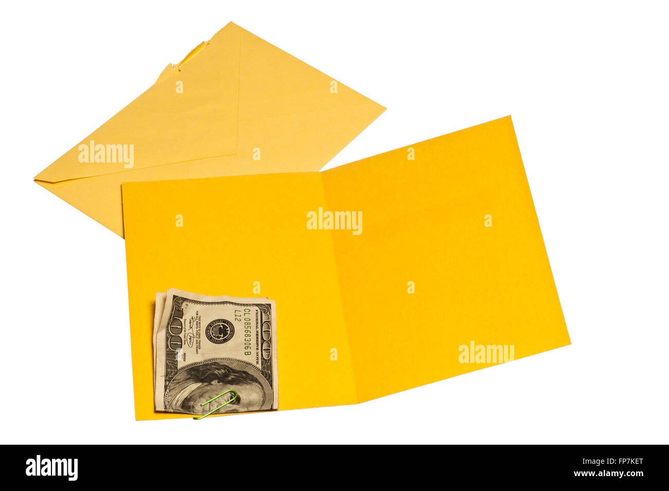 All'interno del fustellato giallo biglietto di auguri con centinaia di dollari Foto Stock