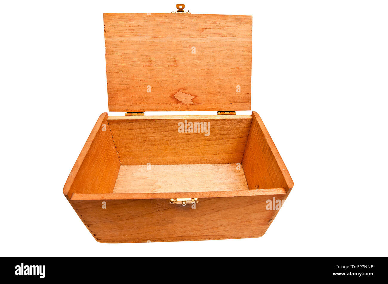 Piccola scatola di legno con coperchio aperto Foto Stock