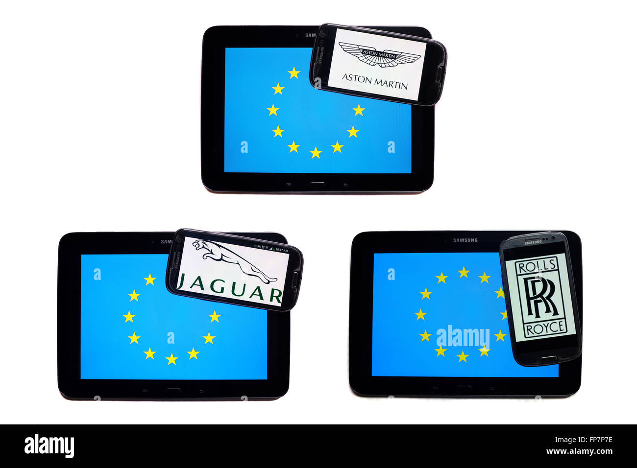 Il logo della vettura inglese società sugli schermi di smartphone viene visualizzato sulla parte superiore della bandiera UE. Foto Stock