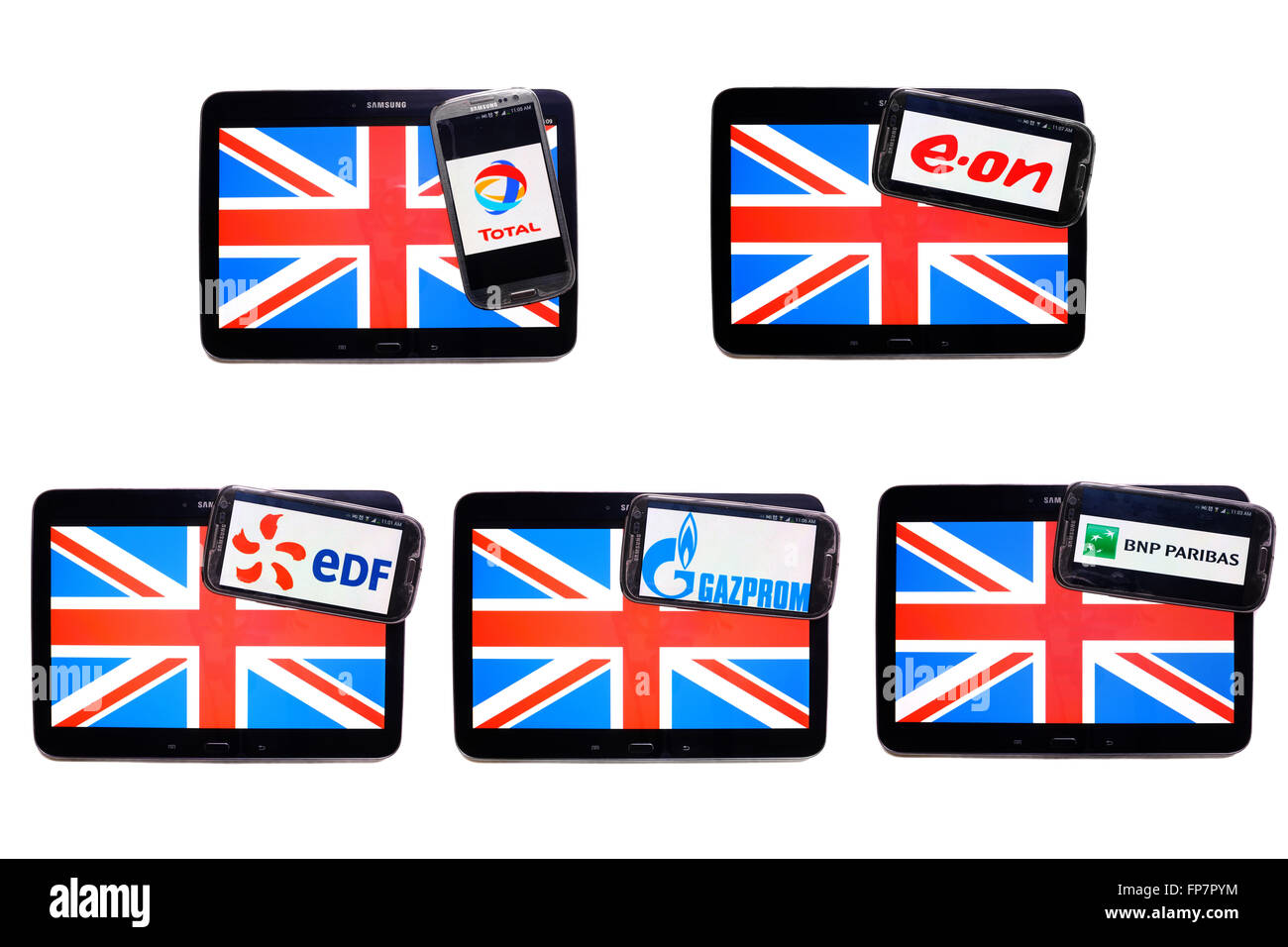 I loghi di aziende europee sugli schermi di smartphone viene visualizzato sulla parte superiore della Union Jack. Foto Stock