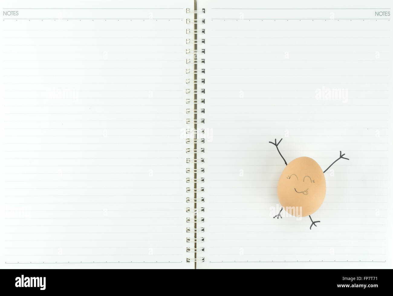 Sorridenti uovo con copia su uno spazio vuoto di carta per notebook Foto Stock