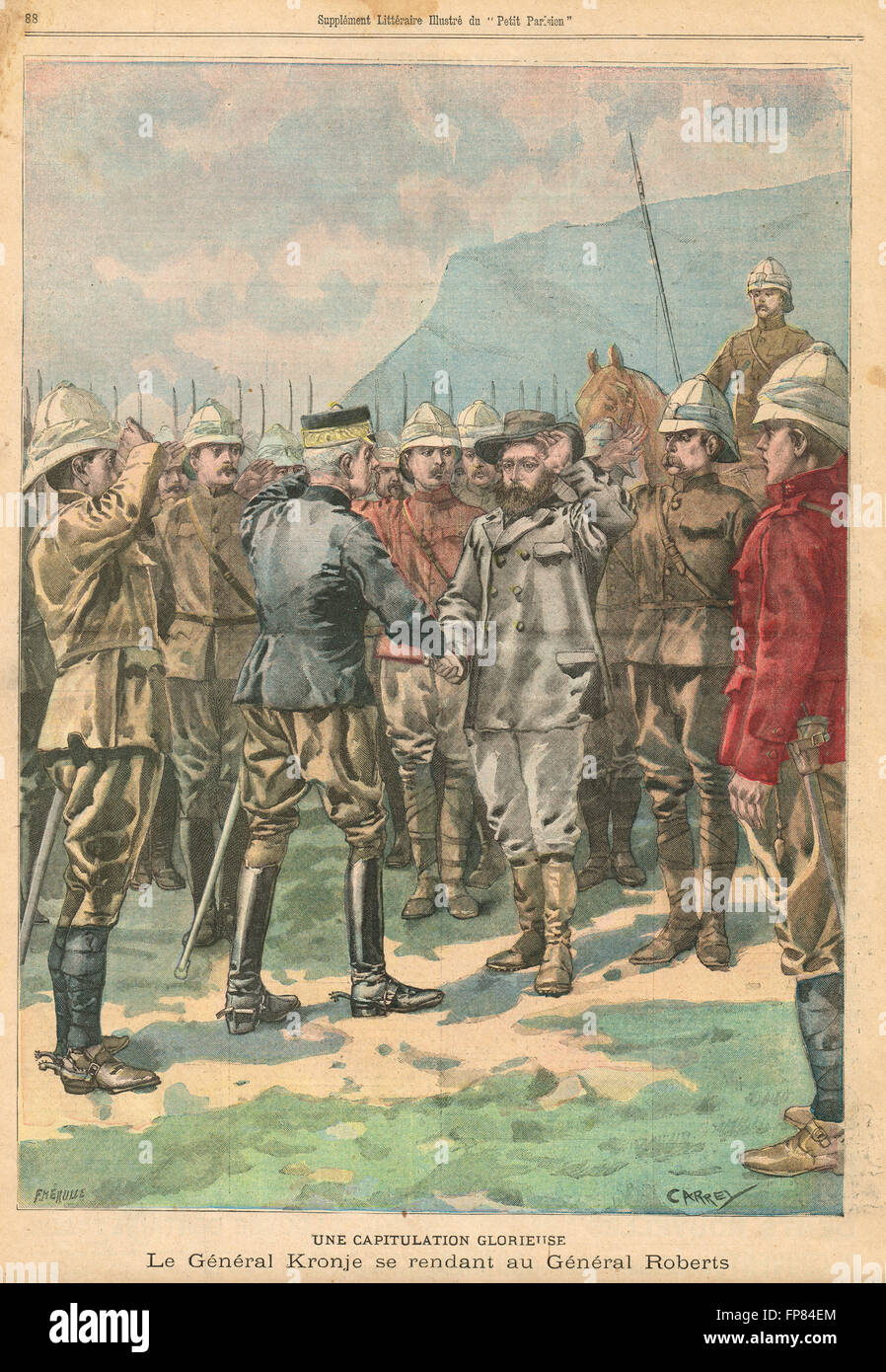Resa del generale Piet Cronjé, Battaglia di Paardeberg, Guerra Boera 27 febbraio 1900. Quotidiano francese illustrato le Petit Parisien illustrazione Foto Stock