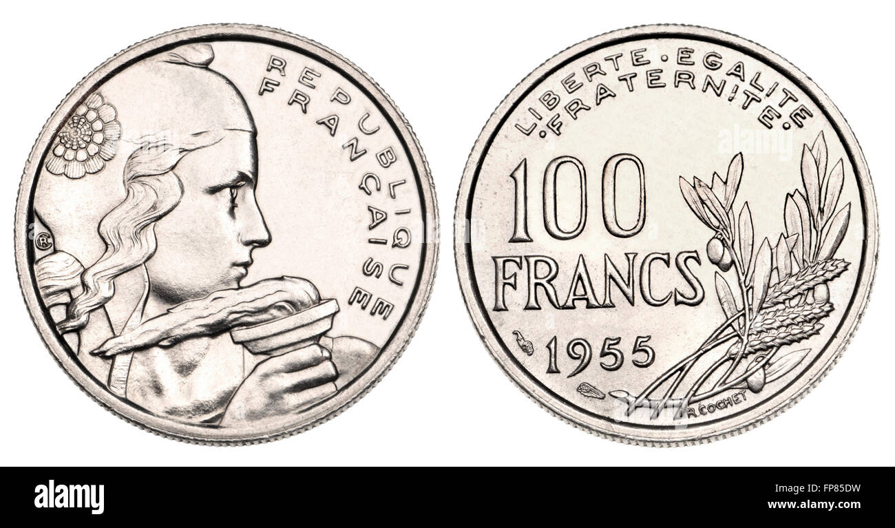 Moneta francese - 100F, 1955, mostrando la libertà tenendo una torcia [pulite digitalmente up] Foto Stock