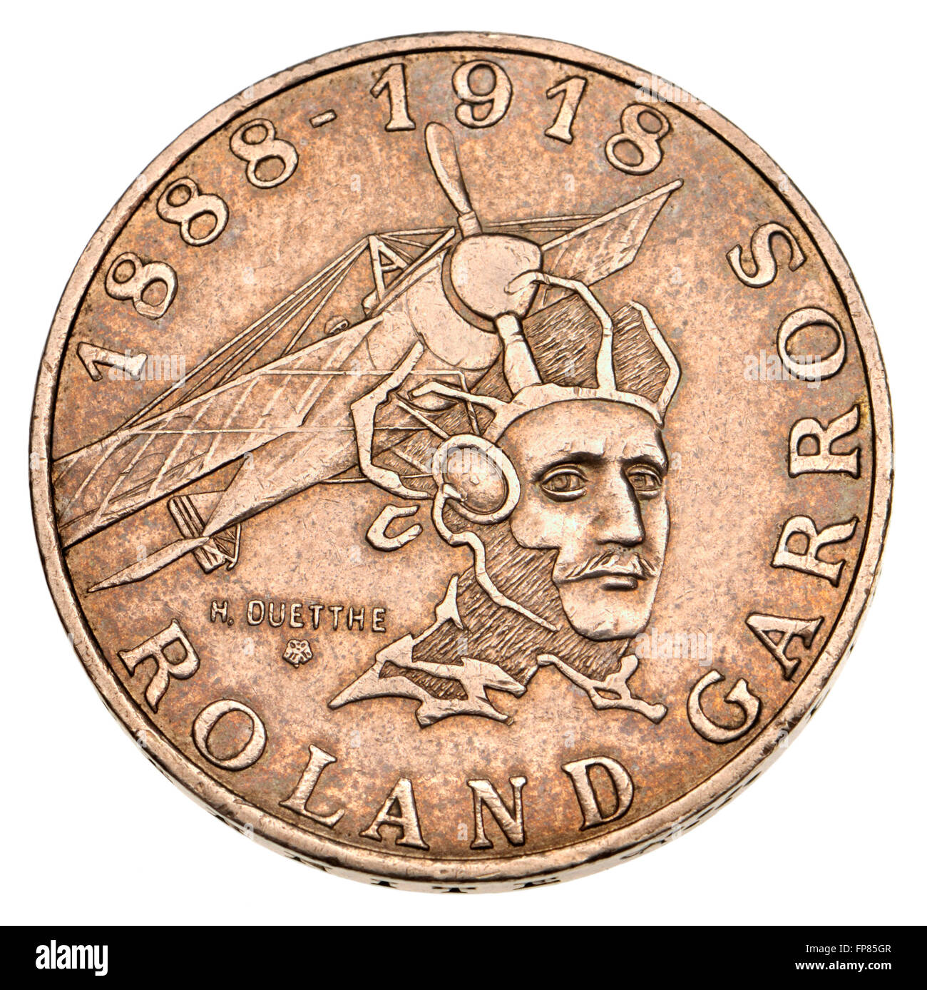 Il francese 10f coin, 1988, commemora centenario della nascita di Roland Garros, aviatore francese Foto Stock