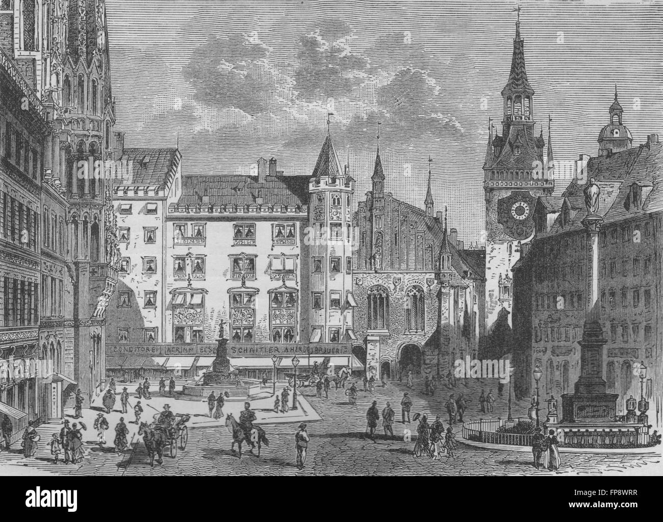 Monaco di Baviera: la Marienplatz, con il vecchio e il nuovo Rathhaus, antica stampa 1882 Foto Stock