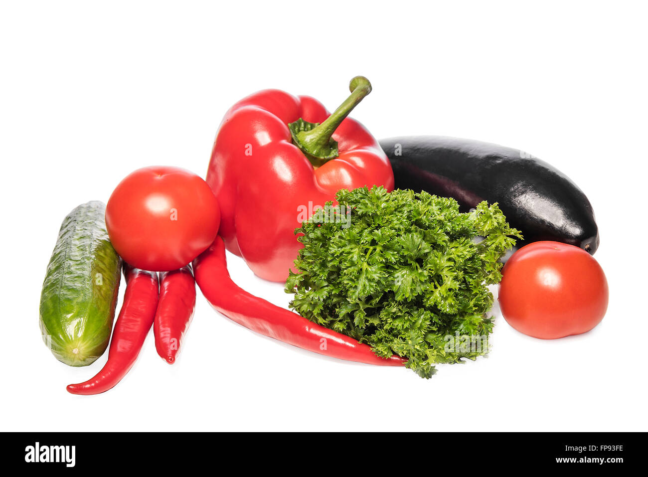 Ortaggi ancora in vita su uno sfondo bianco. Foto Stock