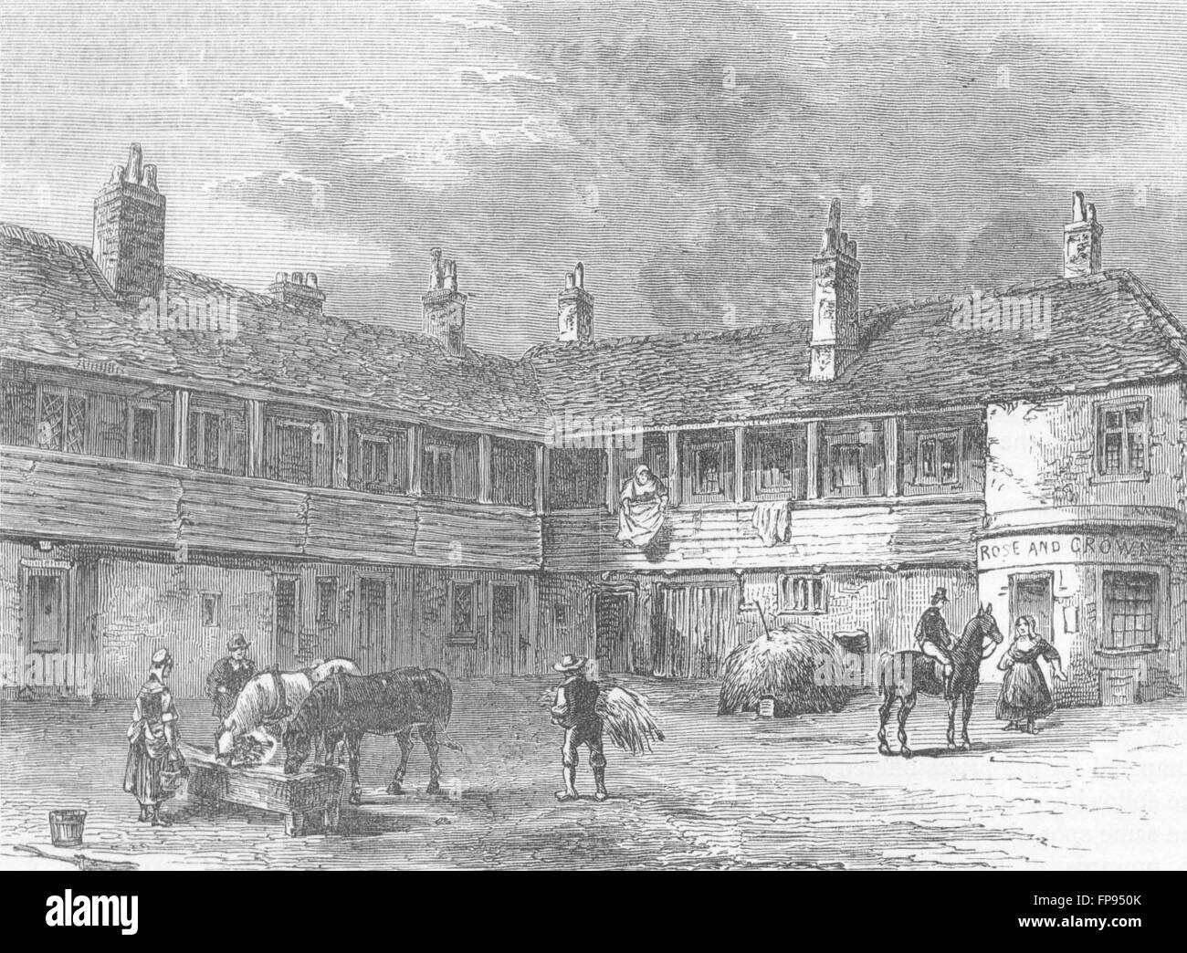 Londra: Cortile di Rose & Crown pub, 1820, antica stampa 1880 Foto Stock