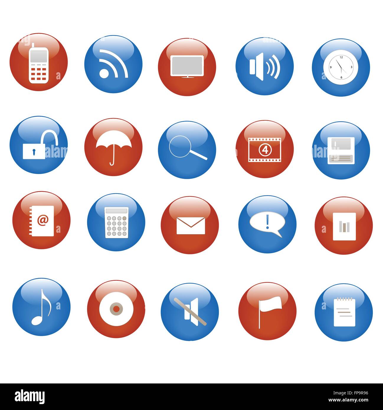 Varie di blu e di rosso web icone sui pulsanti. Illustrazione Vettoriale