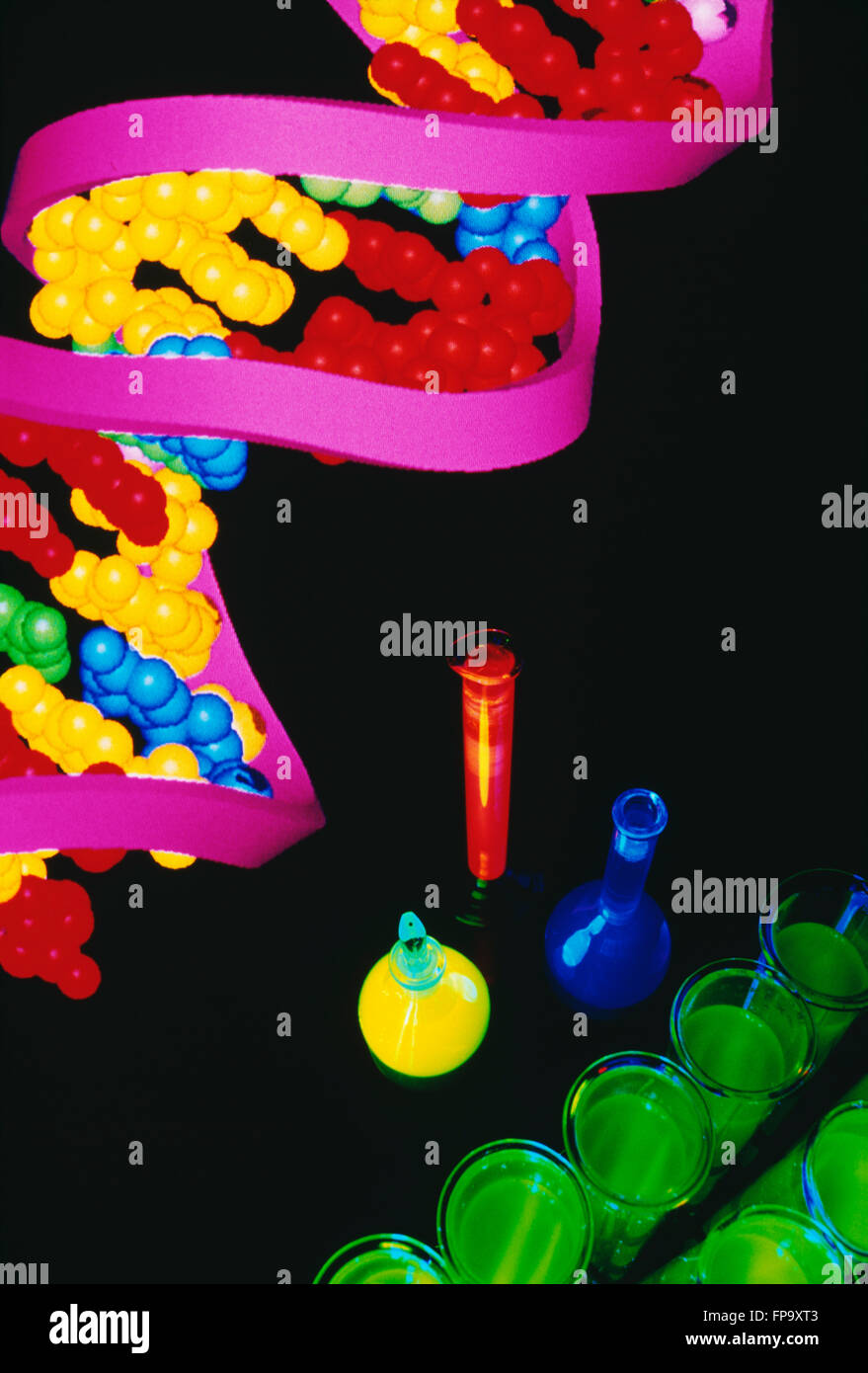 Molecola di DNA di Chimica Lab ware contenenti prodotti chimici fluorescente Foto Stock