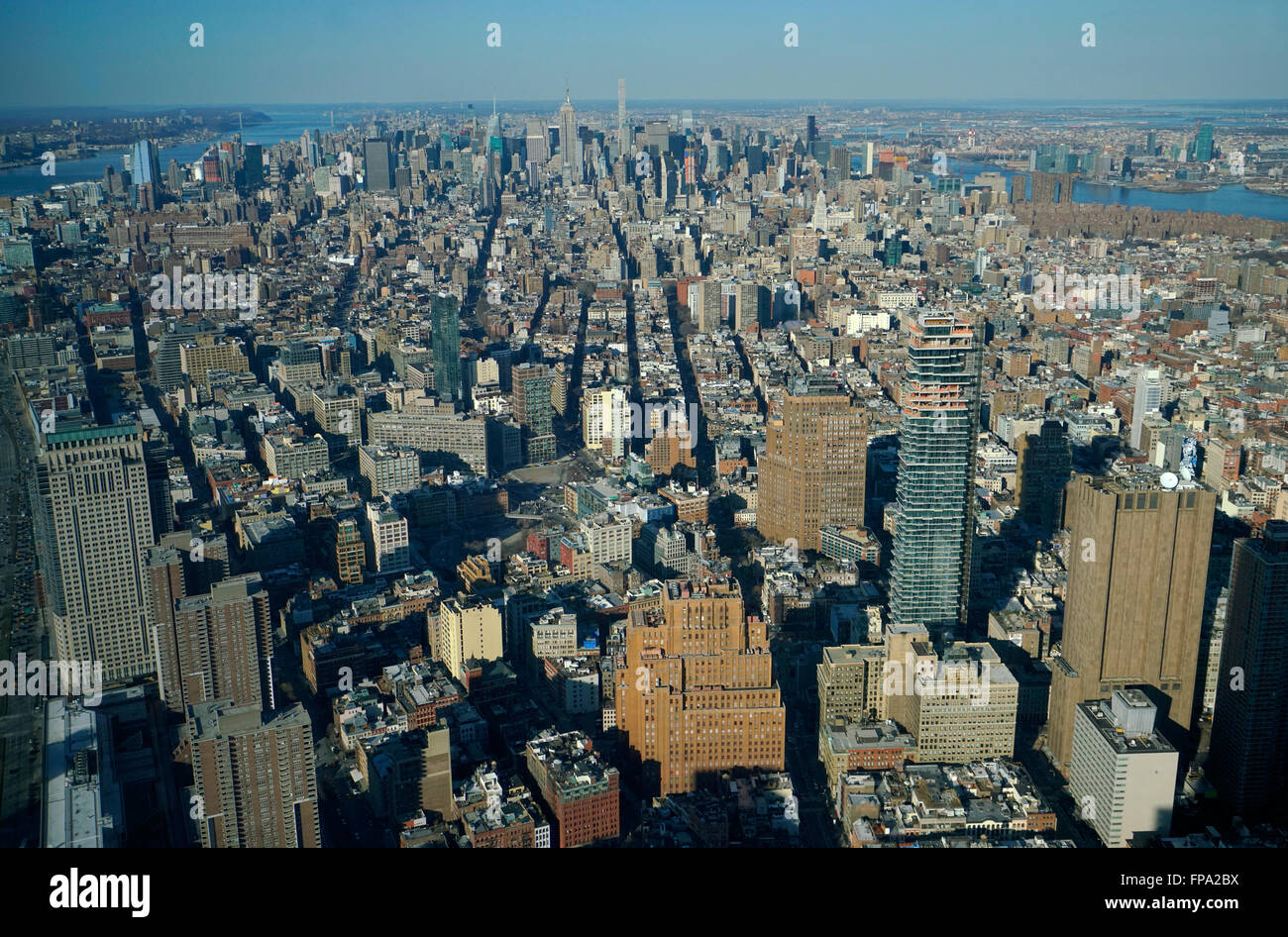 Vista aerea di Manhattan da un Osservatorio mondiale al World Trade Center. Manhattan,New York City, Stati Uniti d'America Foto Stock