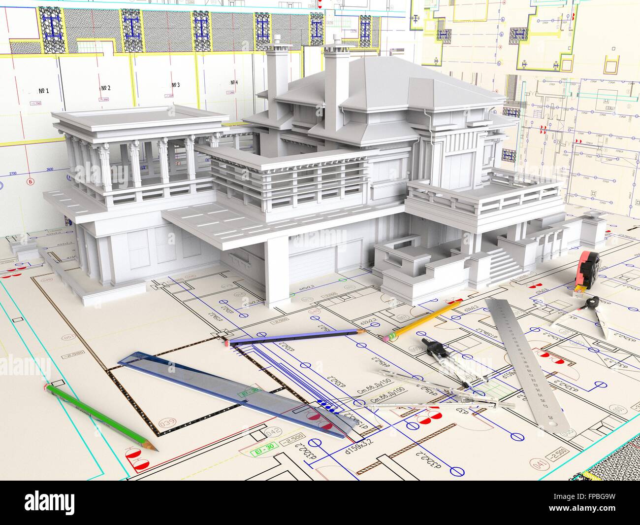 Il rendering 3D Casa layout e disegni di architettura Foto Stock