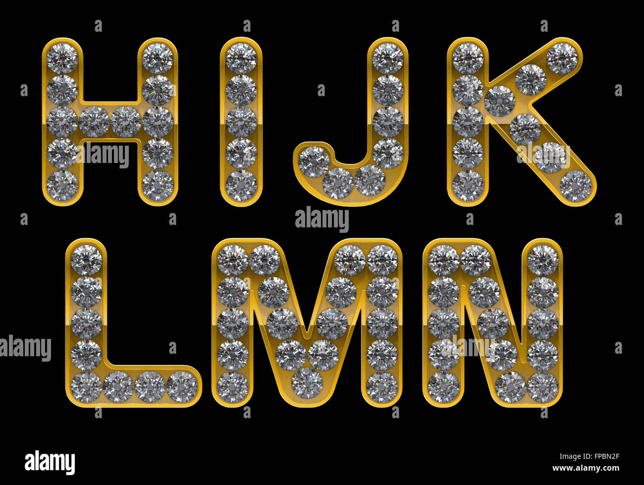 Golden H, I, J, K, L, M, N, lettere incrostata di diamanti. Gli altri personaggi sono nel mio portafoglio Foto Stock
