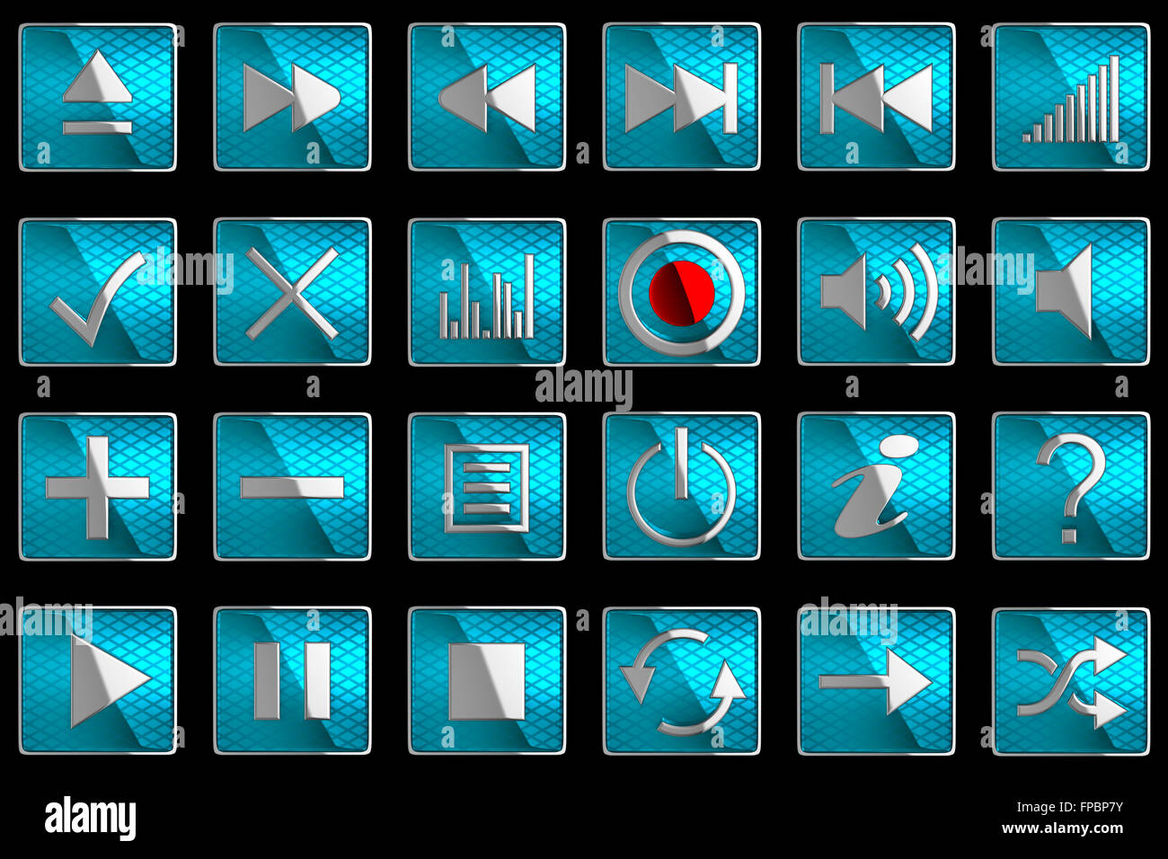 Blu quadrata le icone del pannello di controllo o pulsanti isolati su nero Foto Stock