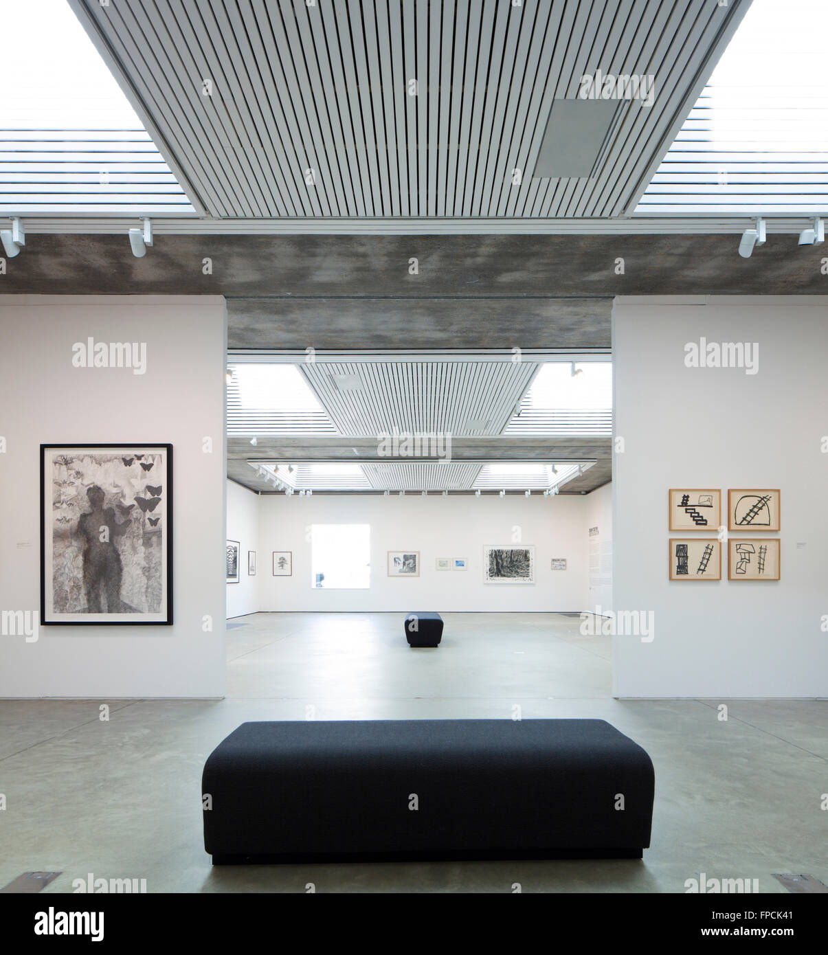 Una sala di visualizzazione in una galleria d'arte con opere d'arte alle pareti e due banchi di designer per i momenti di relax. Foto Stock