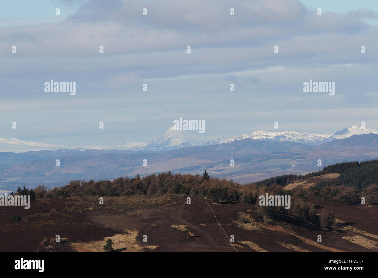 Vista in lontananza Schiehallion dalle colline Sidlaw Angus Scozia Marzo 2016 Foto Stock