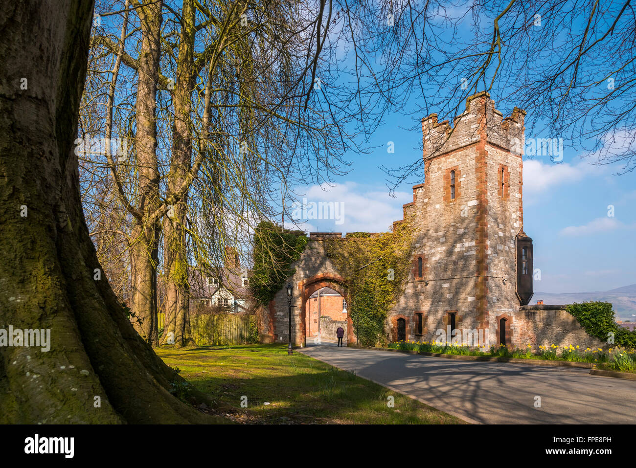 L antica porta in Ruthin Castle nel centro di Ruthin, Denbighshire, il Galles del Nord Foto Stock