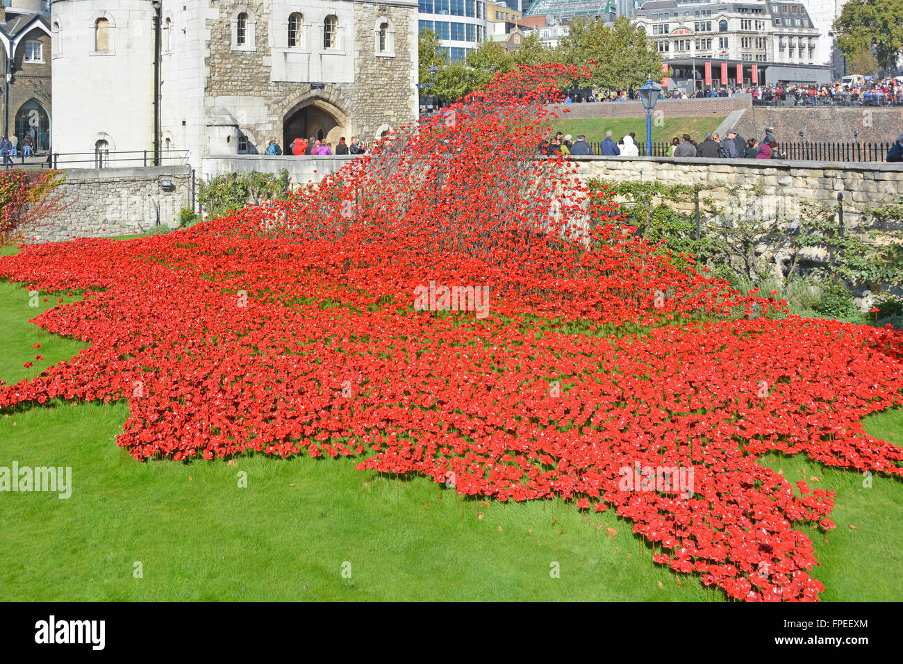 Campo a cascata di papaveri in ceramica " sangue spazzata di terre e mari di rosso' drappeggiato attraverso il fossato asciutto a Torre di Londra come guerra mondiale 1 omaggio ai caduti Foto Stock