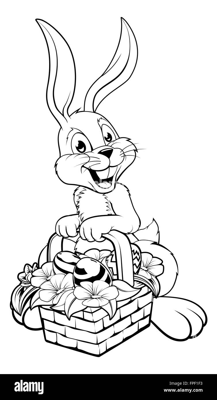 Una illustrazione del coniglietto di Pasqua in bianco e nero, ideale per la stampa, fotocopiatrice o di colorazione in Foto Stock