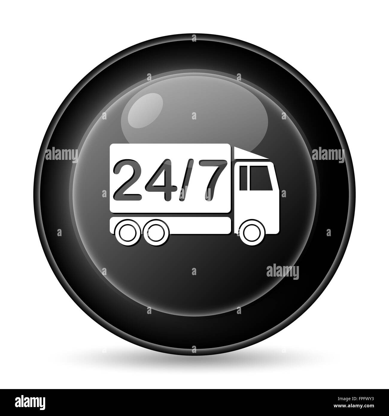 24 7 consegna icona del carrello. Pulsante Internet su sfondo bianco. Foto Stock