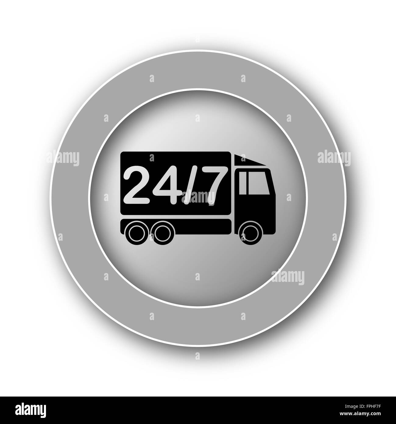 24 7 consegna icona del carrello. Pulsante Internet su sfondo bianco. Foto Stock