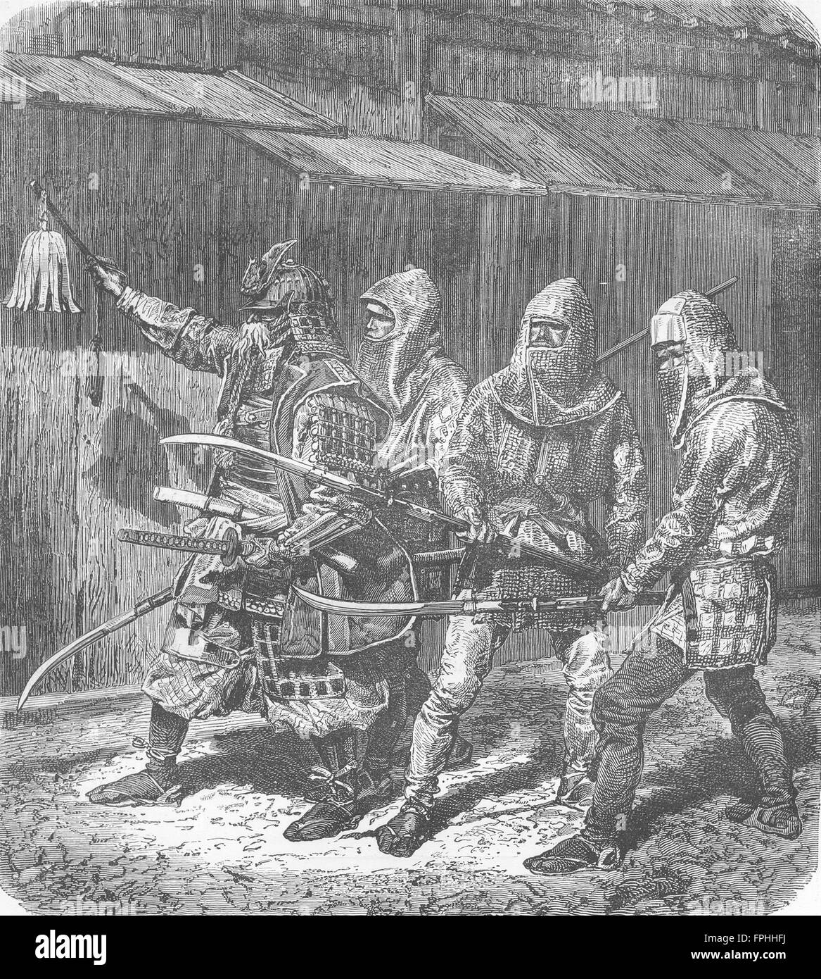 Giappone: giapponese guerrieri di guerre civili, del XIII secolo, antica stampa 1880 Foto Stock