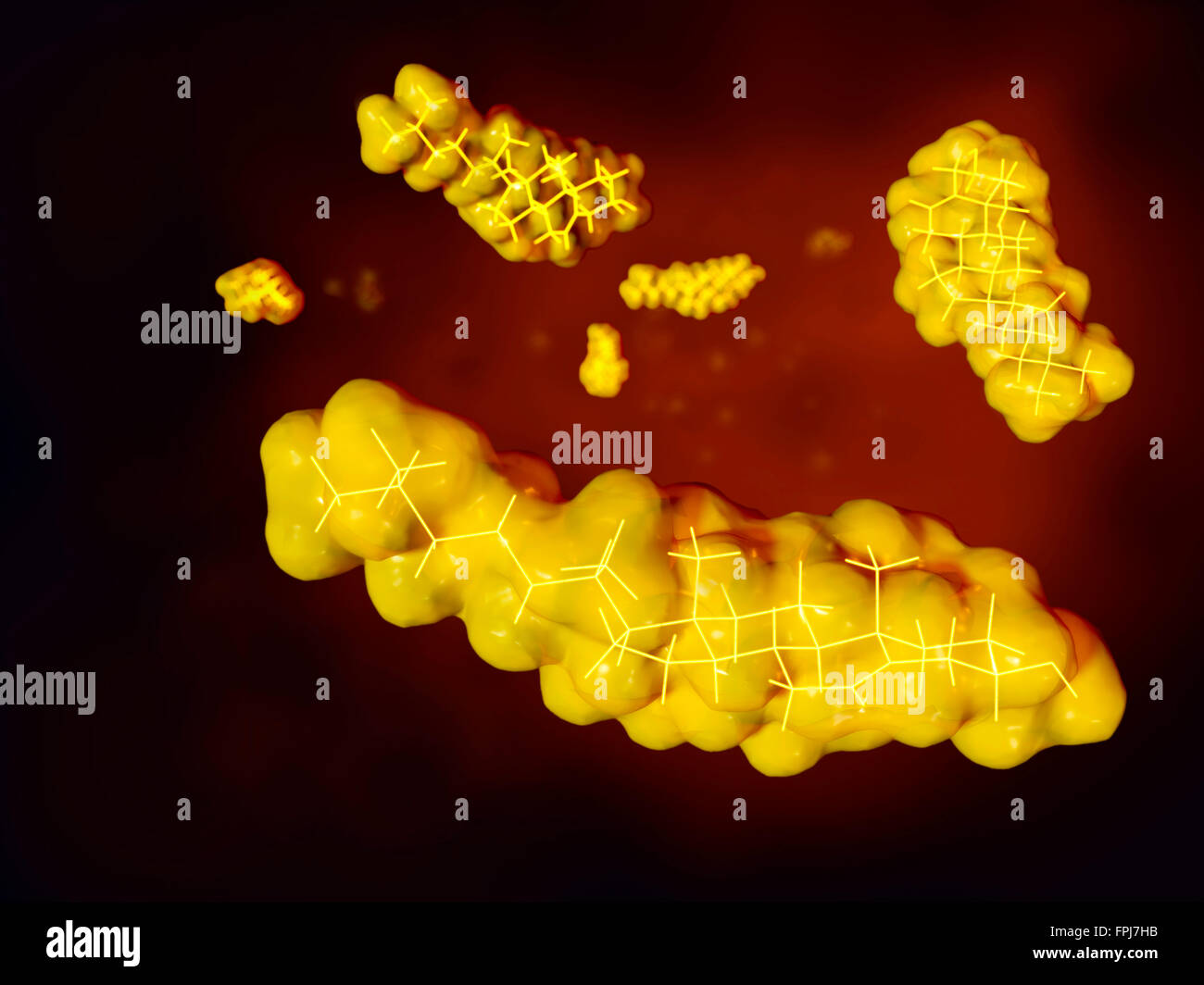 Colesterolo modelli molecolari. Illustrati dei modelli molecolari di colesterolo (giallo). Il colesterolo è uno sterolo un tipo di lipide Foto Stock
