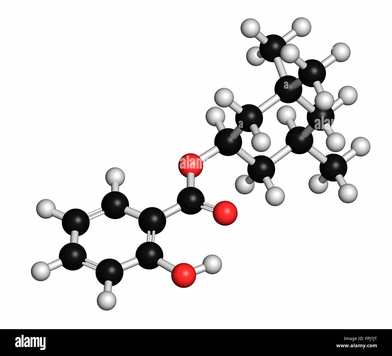 Homosalate sunscreen molecola (filtro UV). Gli atomi sono rappresentati come sfere con c venti al colore di codifica: idrogeno (bianco) Foto Stock