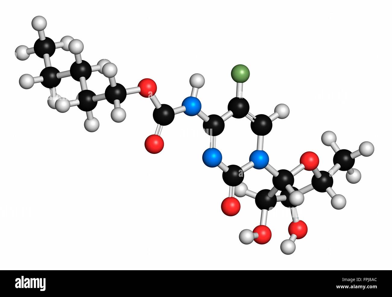 Capecitabine Cancro molecola di farmaco. Profarmaco di 5-fluorouracile (5-FU). Gli atomi sono rappresentati come sfere con c venti al colore Foto Stock