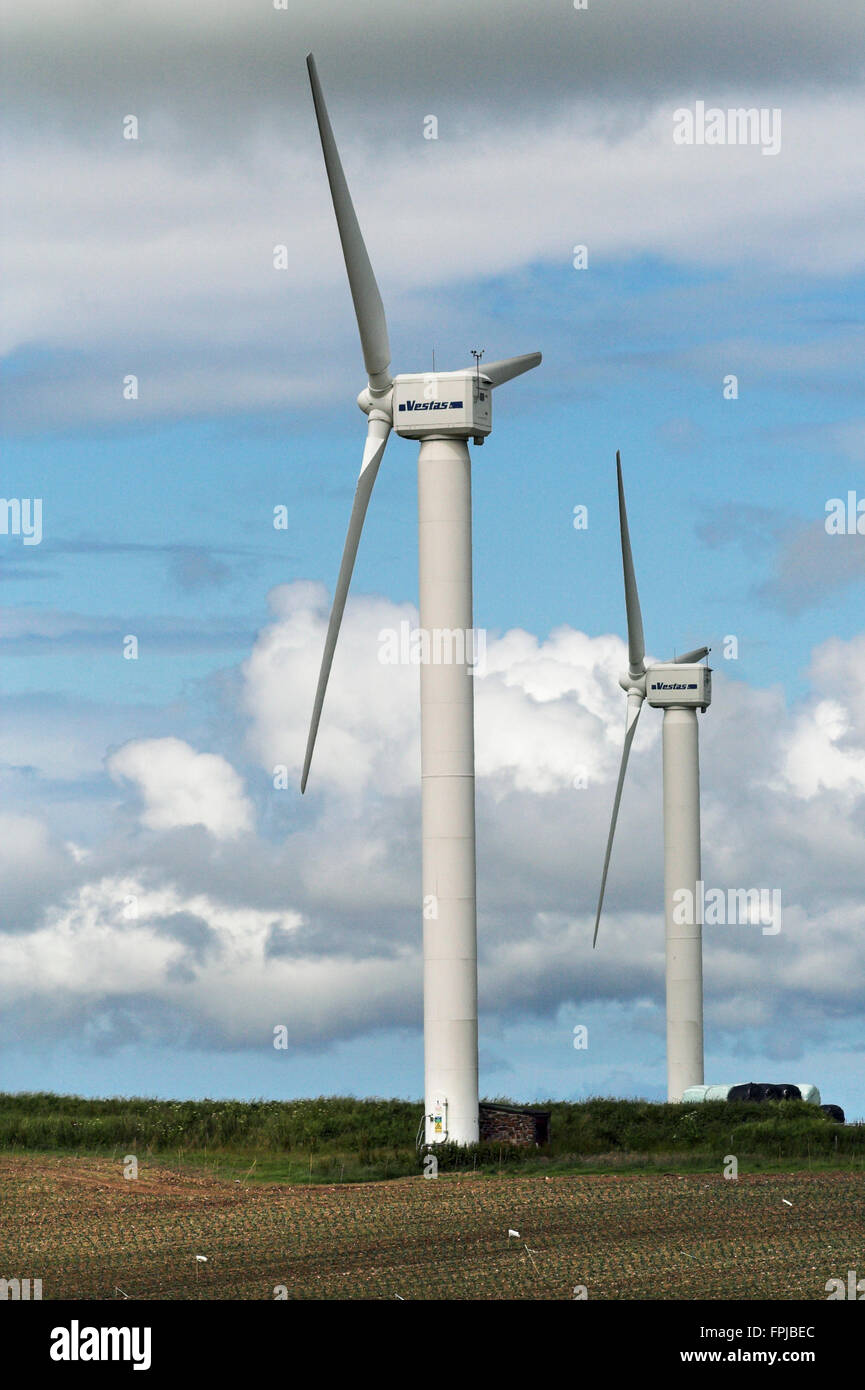 Due a tre pale di turbine eoliche formato ritratto su terra cielo nuvoloso più ecologica di generazione di energia elettrica dal vento gratuita offerta dalla natura. Pericolo per gli uccelli. Foto Stock