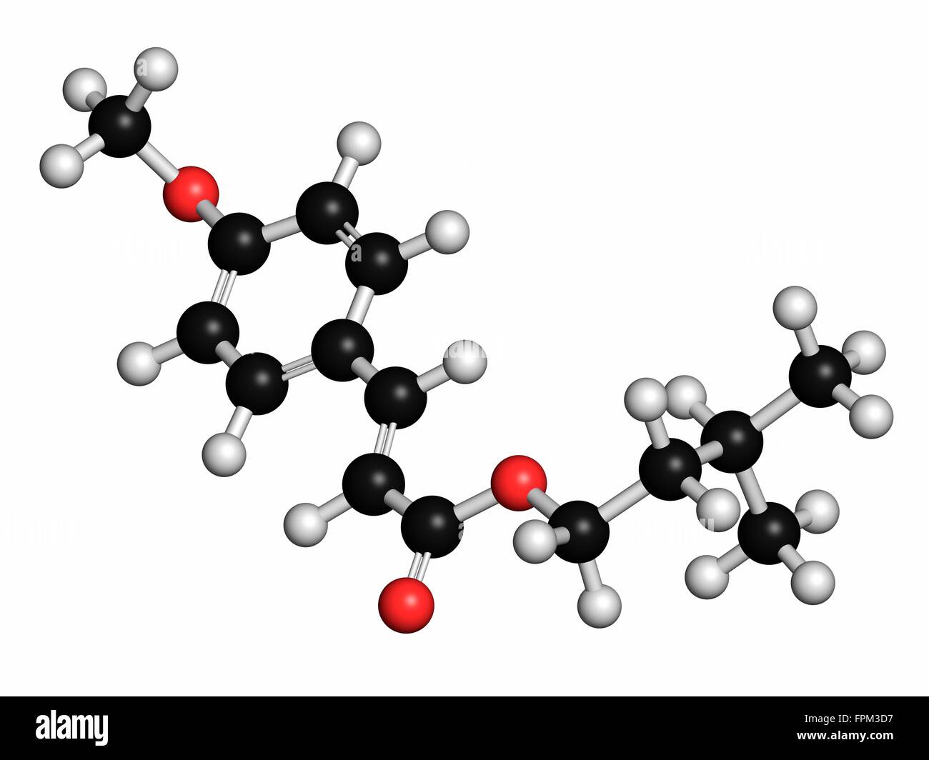 Amiloxate sunscreen molecola (filtro UV). Gli atomi sono rappresentati come sfere con c venti al colore di codifica: idrogeno (bianco) carb Foto Stock