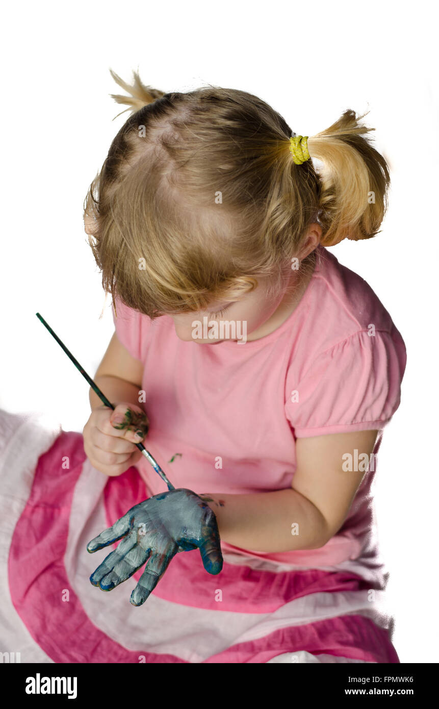 Bambino biondo con mano verniciato Foto Stock
