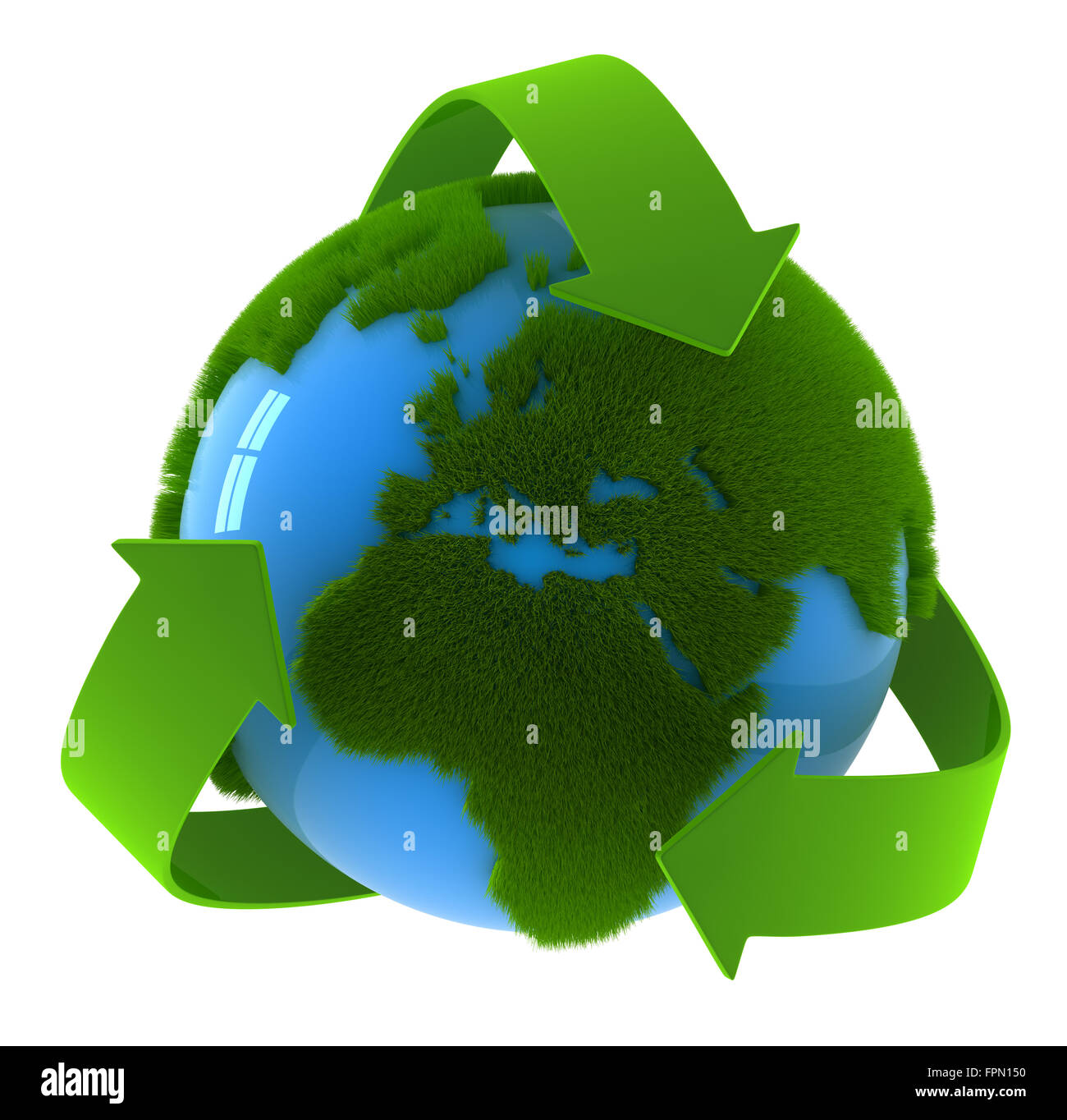 Globo e simbolo di riciclaggio , questo è un computer generato e l'immagine 3D rappresentata. Foto Stock