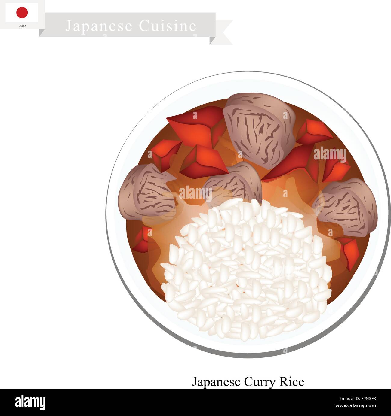 La cucina giapponese, Giapponese Curry con cipolle, carote, patate e carne di manzo, carne di maiale o di pollo serviti con riso al vapore. Una delle M Illustrazione Vettoriale