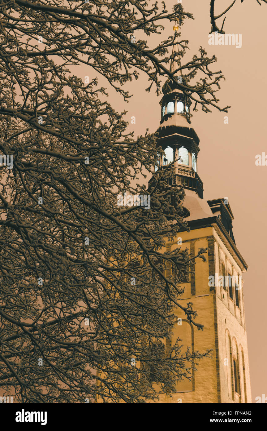 Niguliste chiesa snowbound attraverso i rami degli alberi di notte, Tallinn, Estonia Foto Stock