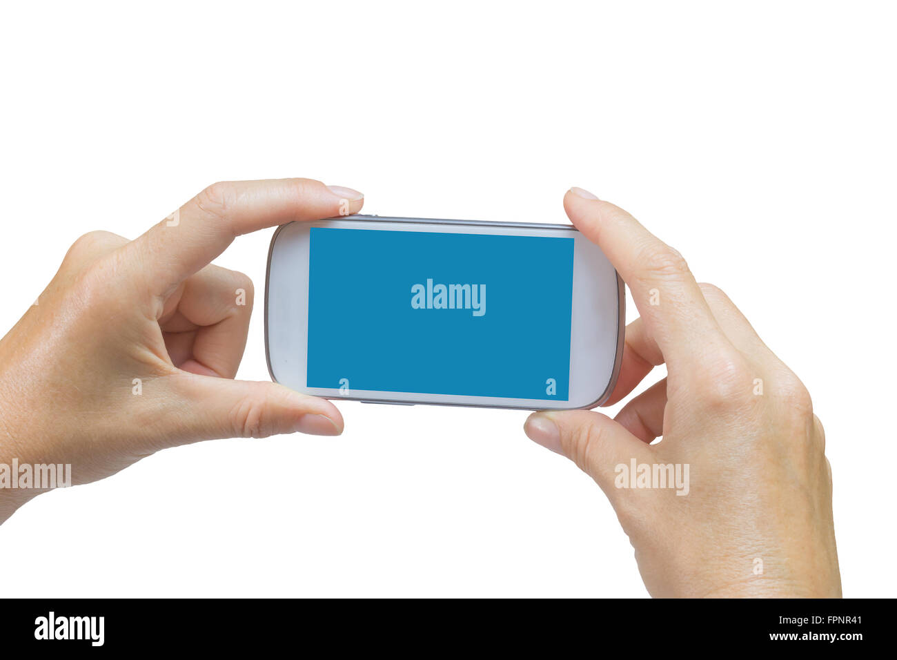 Mano femminile è in possesso di smart phone ed è pronto a scattare una foto da smart phone. Smart phone è vuoto touchscreen blu. Foto Stock