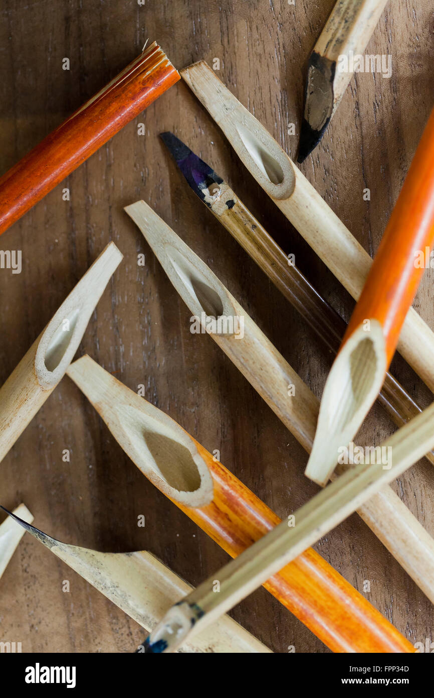 La calligrafia di bambù penne utilizzate da Sughra Hussainy, turchese Mountain Institute graduate Foto Stock