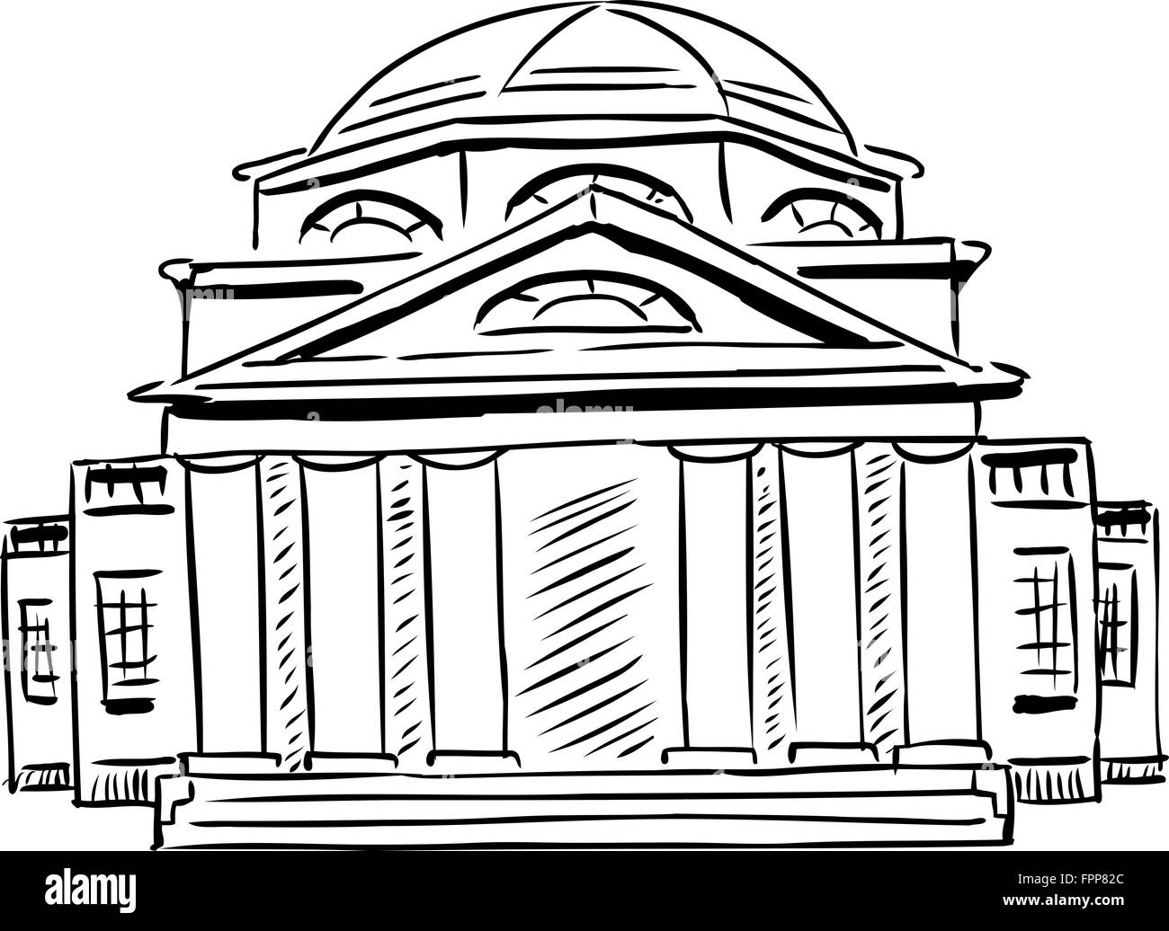 Delineate vista frontale esterna su un unico edificio neoclassico con oscurati porta e tetto a cupola Foto Stock