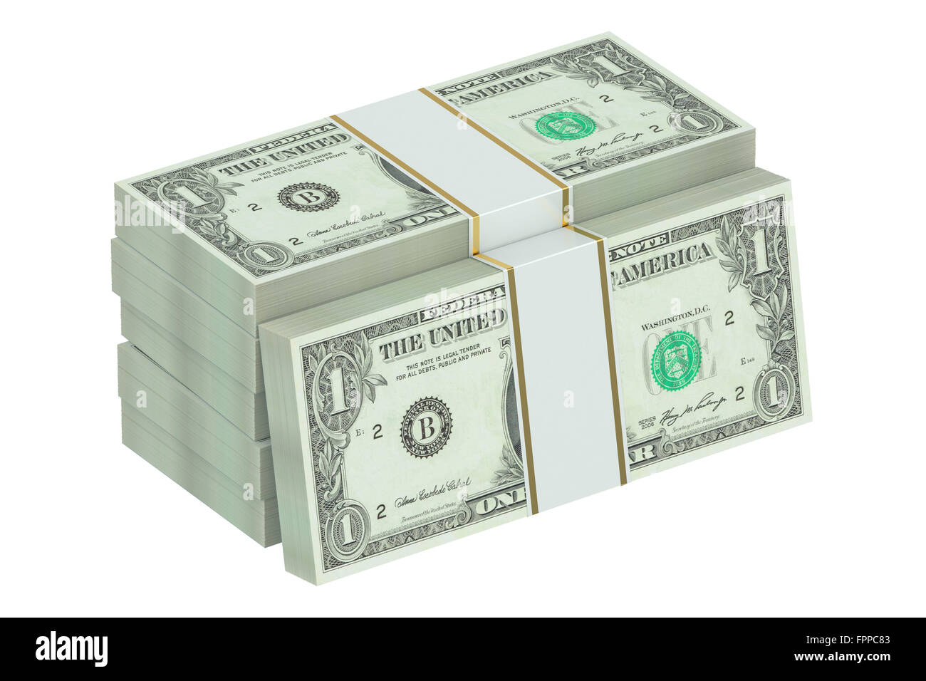 Pacchi di dollari isolati su sfondo bianco Foto Stock