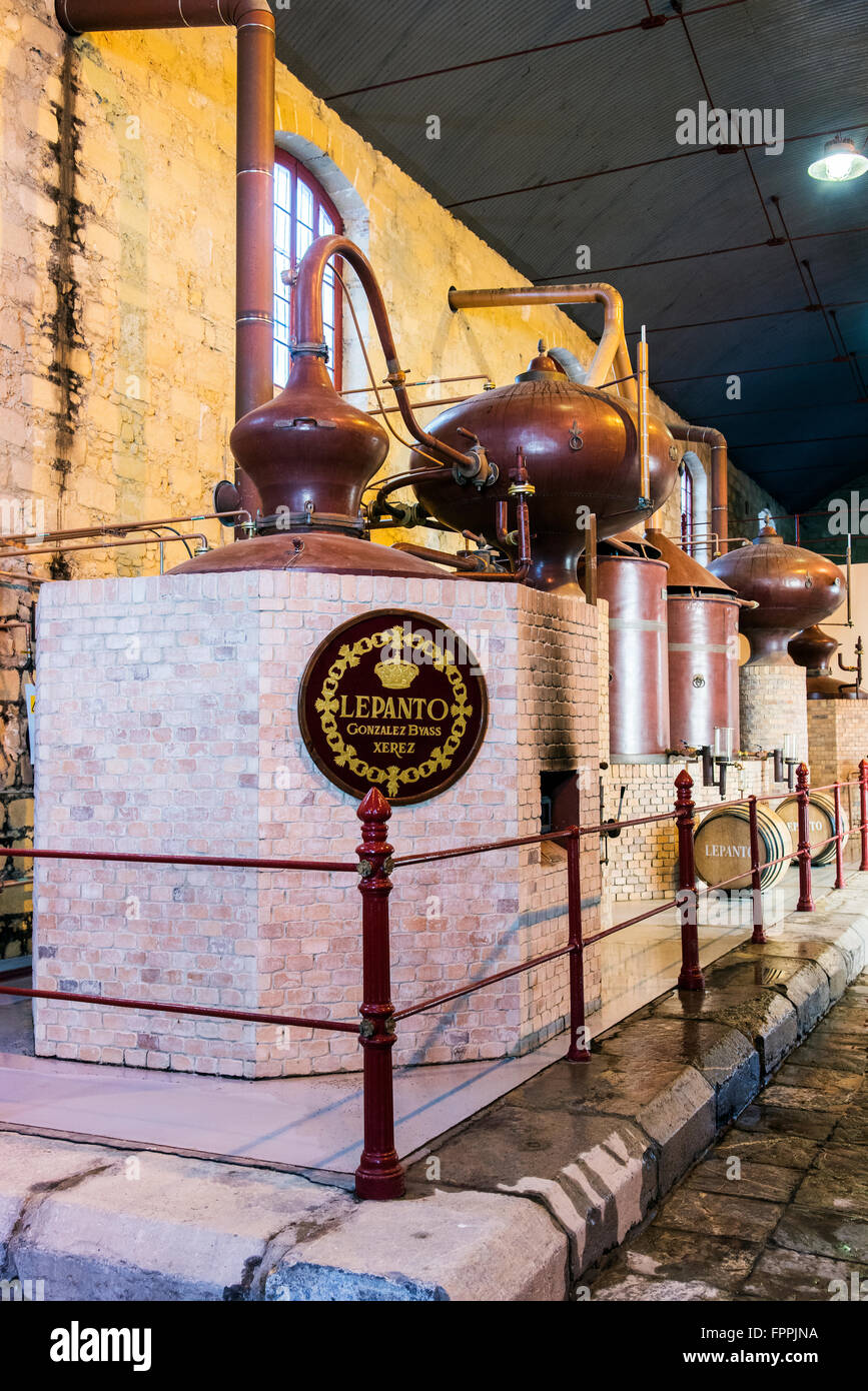 Il Brandy distilleria all'interno del Gonzales Byass cantine di Jerez de la Frontera, Andalusia, Spagna Foto Stock