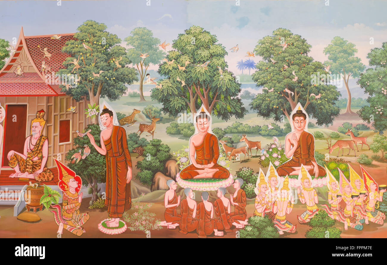 Arte tailandese, mitologia murale di religione buddista sulla parete in Wat Neramit Vipasama, Dansai, Loei, Thailandia Foto Stock
