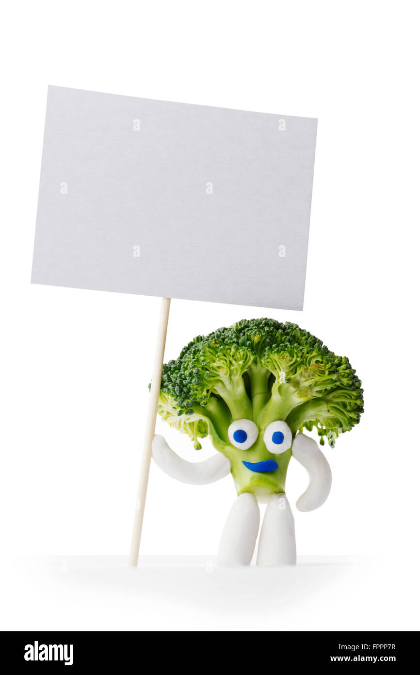 La mascotte di broccoli tenendo la scheda vuota isolata su sfondo bianco Foto Stock