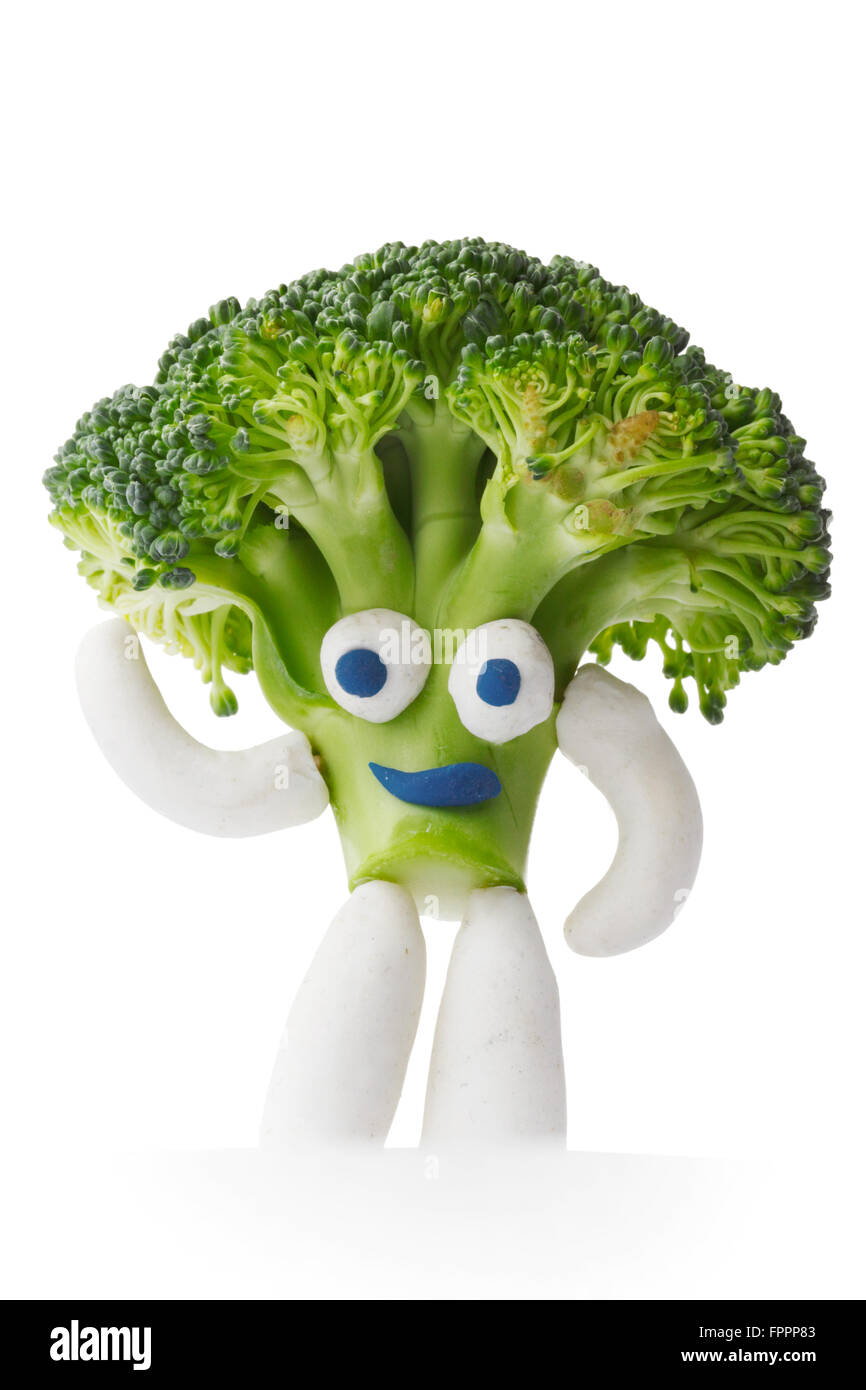 Divertenti mascotte di broccoli sventolando si è isolato su sfondo bianco Foto Stock