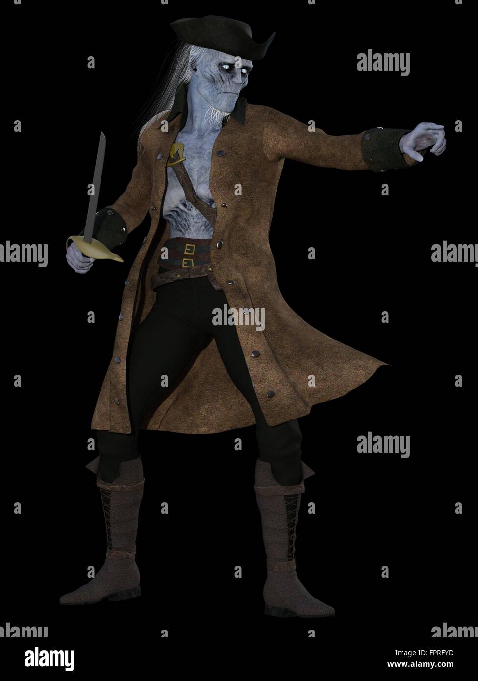 Apparato Scheletrico undead pirata con pelle blu e capelli wispy brandendo cutlass Foto Stock