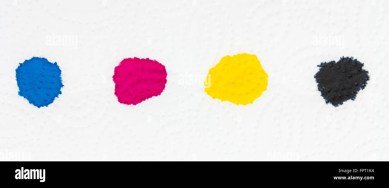 Gocce dal ciano, magenta, giallo e nero inchiostro a getto di inchiostro, che si è diffusa in sé, su un tovagliolo di carta Foto Stock