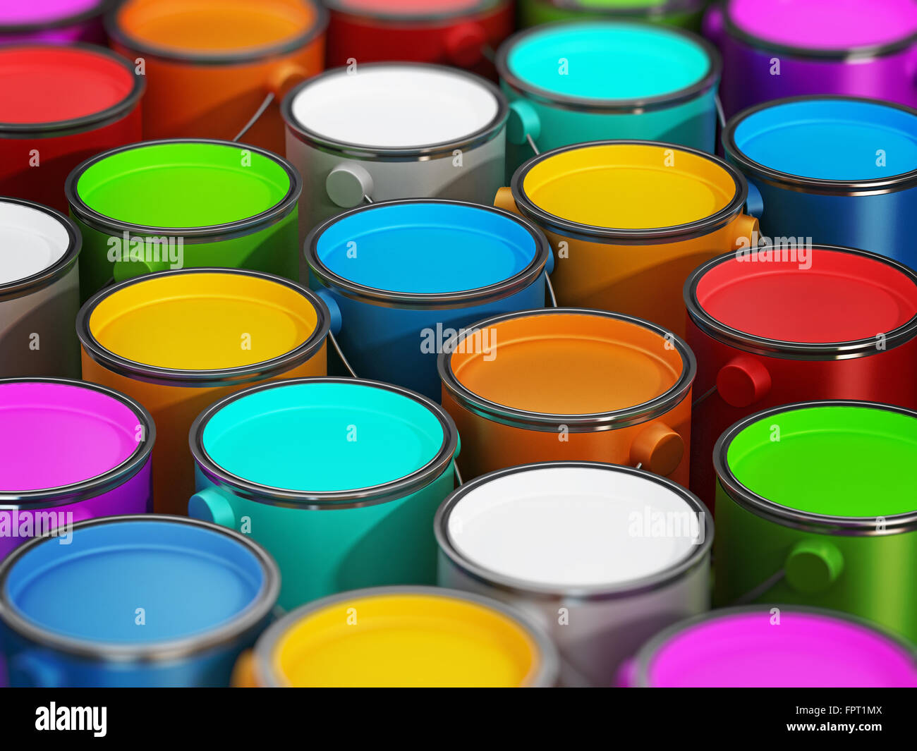 Multi colore barattoli di vernice pieno di vernici Foto Stock