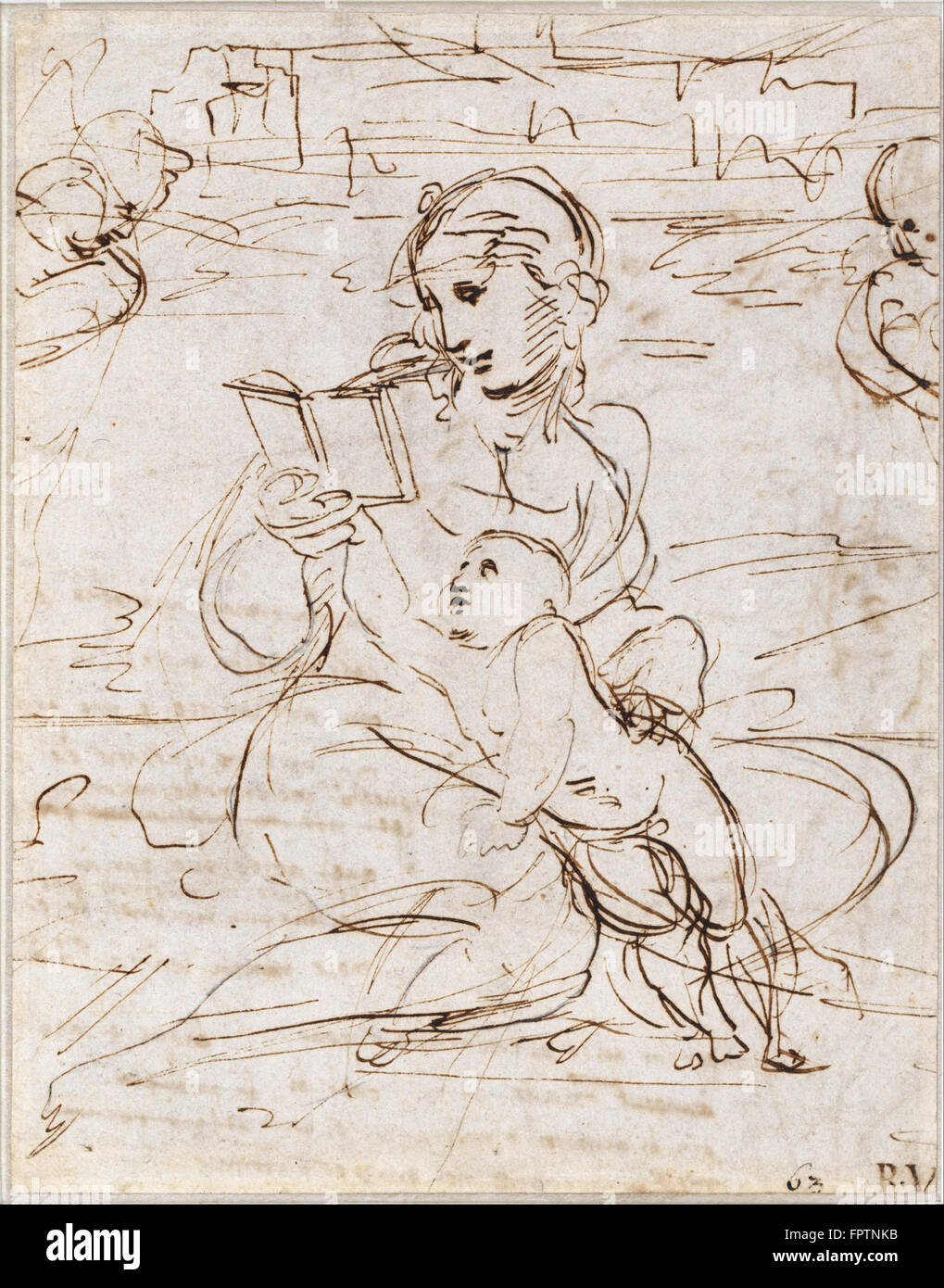 Raffaello - la lettura della Madonna e il bambino in un paesaggio betweem due teste di Cherubino (recto) - 1509 Foto Stock