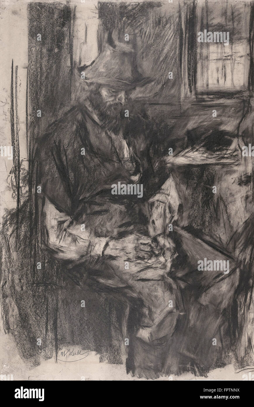 Wilhelm Leibl - contadino a un tavolo - ripieno il suo tubo - 1894 Foto Stock