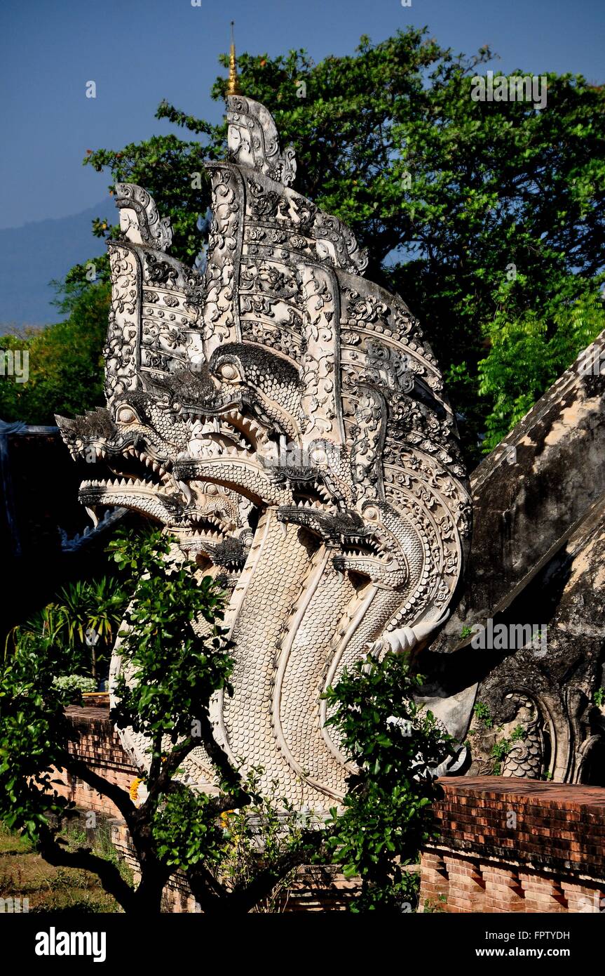 Chiang Mai, Thailandia: due enormi di pietra scolpita Naga mitico dragon figure di fianco alla scala al Wat Chedi Luang Foto Stock