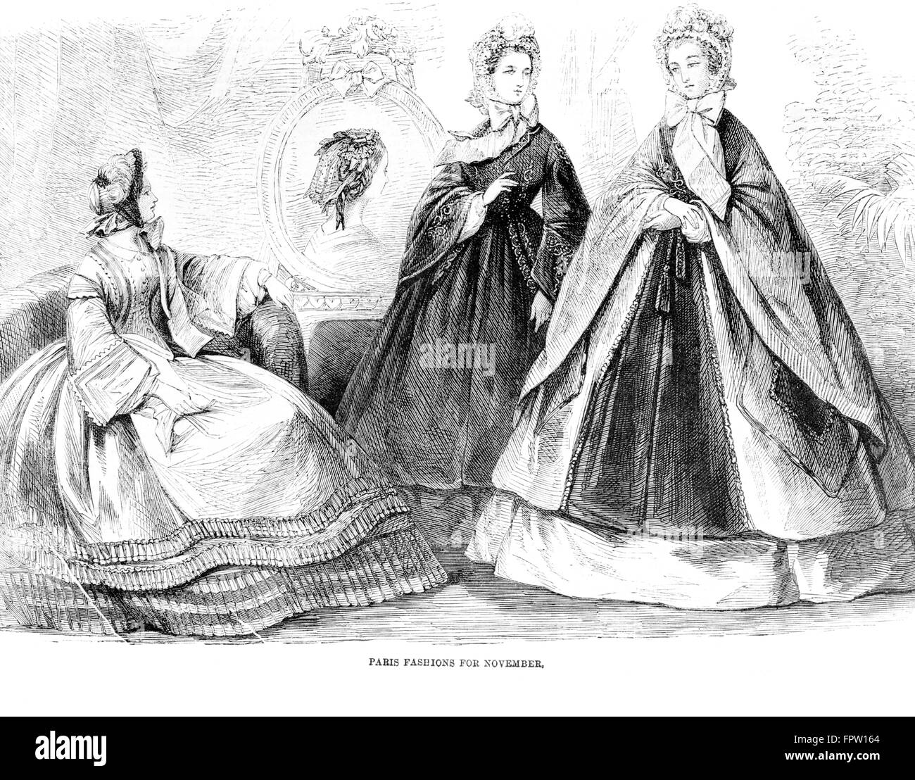1860s MODE DEL GIORNO ILLUSTRAZIONE 1861 3 donne modelli abiti lunghi crinolina gonna cerchio CAPE HAT ANTEBELLUM ABBIGLIAMENTO DI STILE Foto Stock